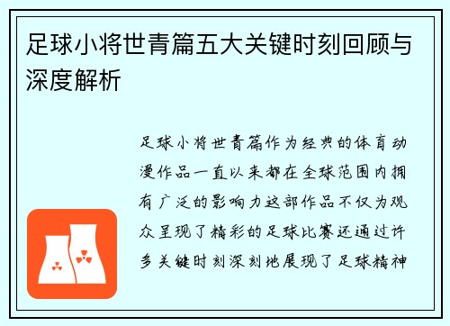 足球小将世青篇五大关键时刻回顾与深度解析