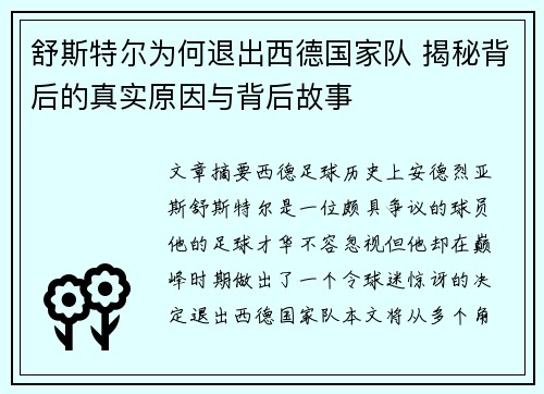 舒斯特尔为何退出西德国家队 揭秘背后的真实原因与背后故事